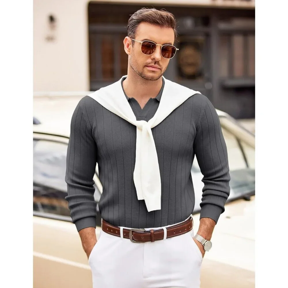 Coofandy Men Grey Polo Long Sleeve V Neck Knit Lightweight Pullover Sweater